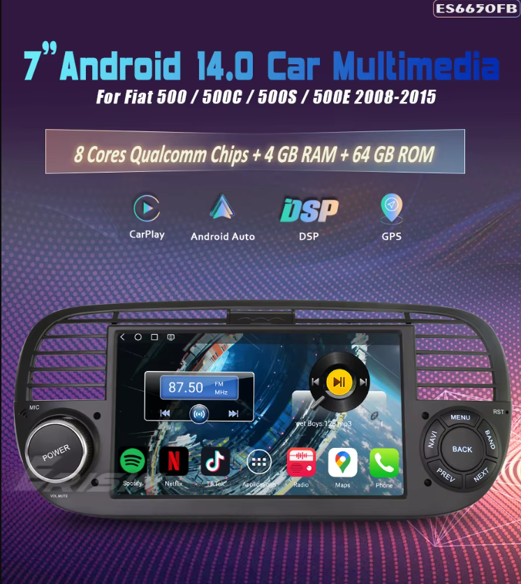 Radio Android 14.0 CarPlay Inalámbrico para Coche Fiat 500 2008-2015 - 7" GPS Negro/Blanco