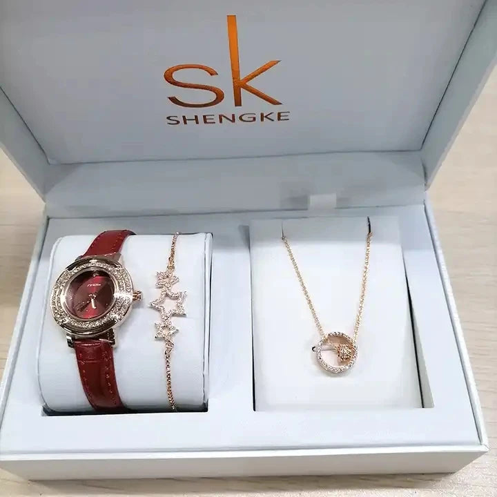 Set de Joyería Elegante para Mujer con Reloj de Cuarzo, Collar y Aretes - SHENGKE