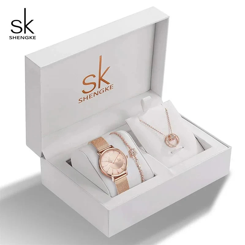 Set de Joyería Elegante para Mujer con Reloj de Cuarzo, Collar y Aretes - SHENGKE