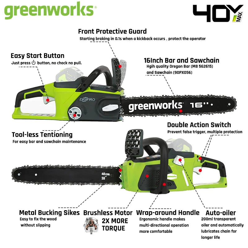 Motosierra Eléctrica Greenworks 40V 16" Profesional - Batería 4Ah Incluida | Motor Brushless