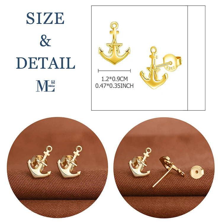 Pendientes de Plata 925 con Ancla y Estrella Chapados en Oro 18k - Joyería Náutica Premium