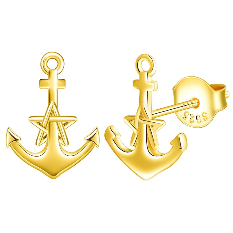 Pendientes de Plata 925 con Ancla y Estrella Chapados en Oro 18k - Joyería Náutica Premium