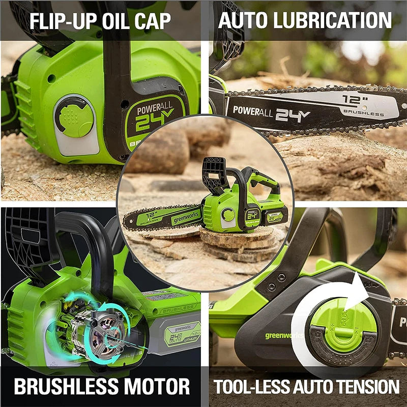 Motosierra Eléctrica Greenworks 24V 12" Sin Cable - Batería Incluida | Ideal Jardín y Poda