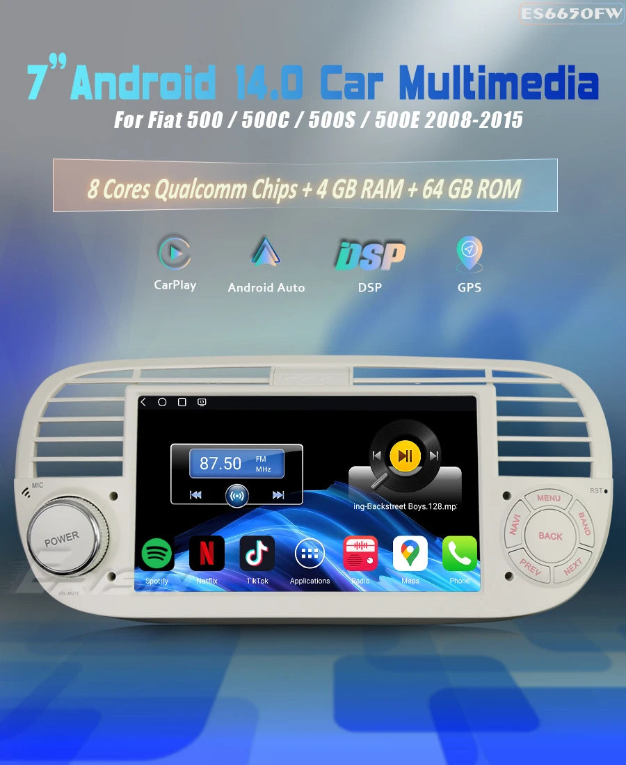 Radio Android 14.0 CarPlay Inalámbrico para Coche Fiat 500 2008-2015 - 7" GPS Negro/Blanco