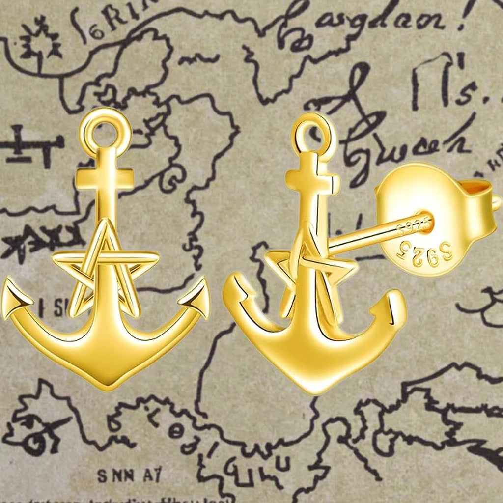 Pendientes de Plata 925 con Ancla y Estrella Chapados en Oro 18k - Joyería Náutica Premium