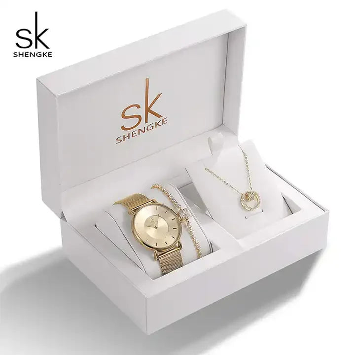 Set de Joyería Elegante para Mujer con Reloj de Cuarzo, Collar y Aretes - SHENGKE