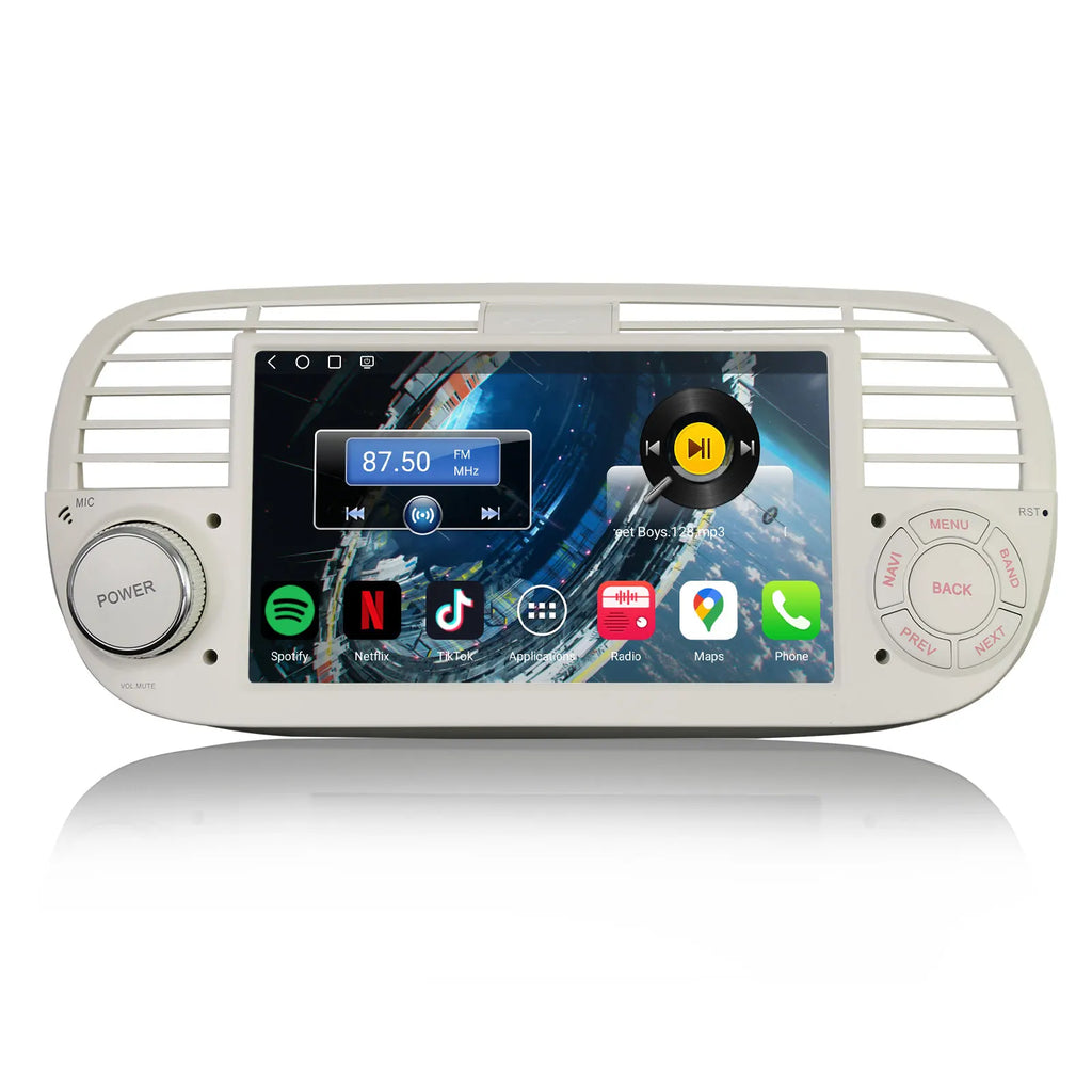 Radio Android 14.0 CarPlay Inalámbrico para Coche Fiat 500 2008-2015 - 7" GPS Negro/Blanco