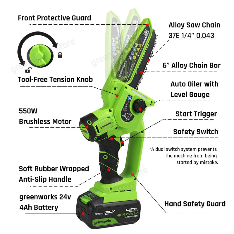 Greenworks Mini Kettensäge 24V 6 Zoll Akku | Brushless Motor | 4Ah Akku + Ladegerät | Kompakte Elektro Kettensäge für Garten