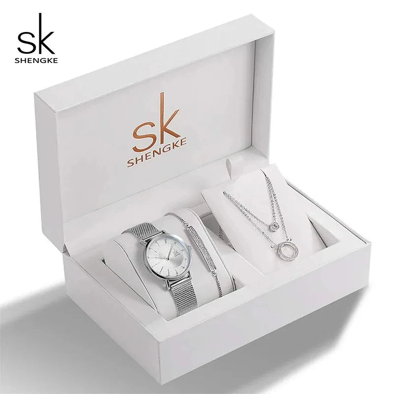 Set de Joyería Elegante para Mujer con Reloj de Cuarzo, Collar y Aretes - SHENGKE