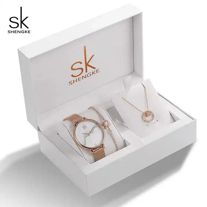 Set de Joyería Elegante para Mujer con Reloj de Cuarzo, Collar y Aretes - SHENGKE