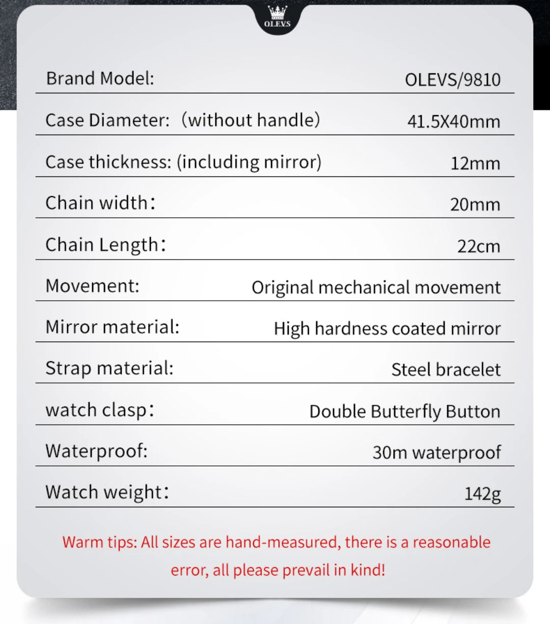 OLEVS 9810 Reloj Mecánico Premium Hombre/Mujer - Acero Inoxidable - Diseño Cuadrado Retro