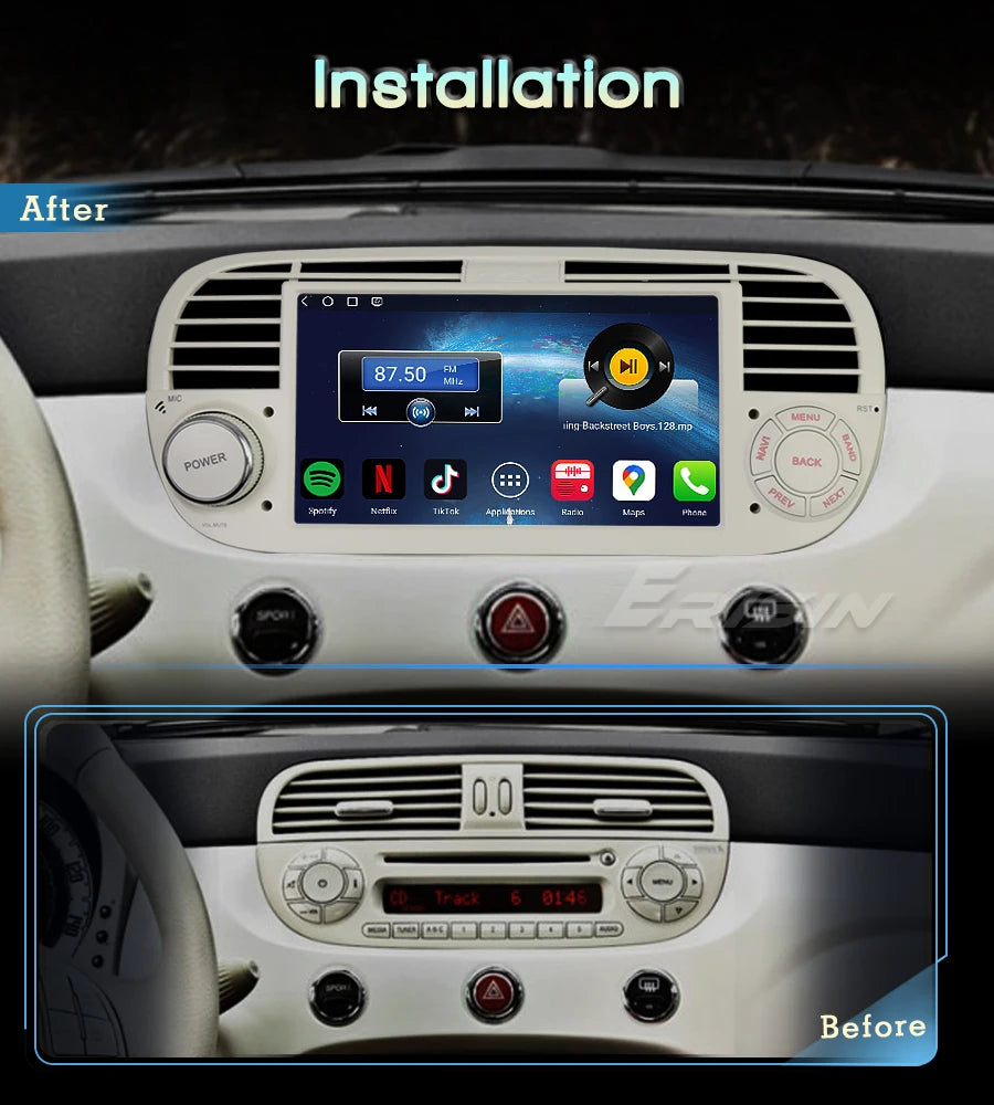 Radio Android 14.0 CarPlay Inalámbrico para Coche Fiat 500 2008-2015 - 7" GPS Negro/Blanco