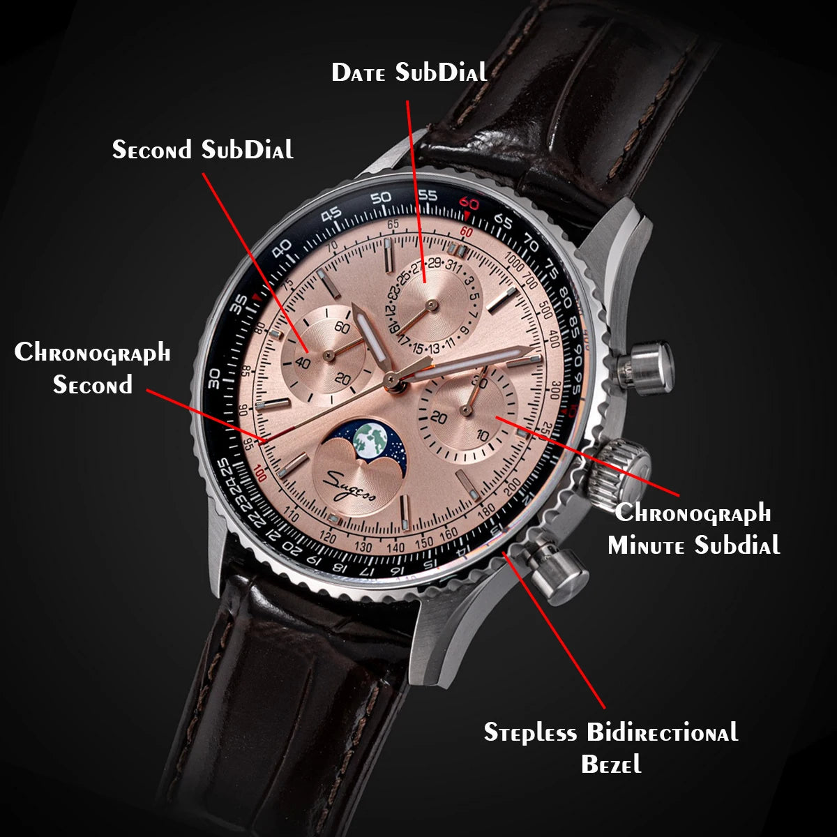 Reloj Sugess Cronógrafo Mecánico Moonphase Pilot - Movimiento ST1908 Tianjin