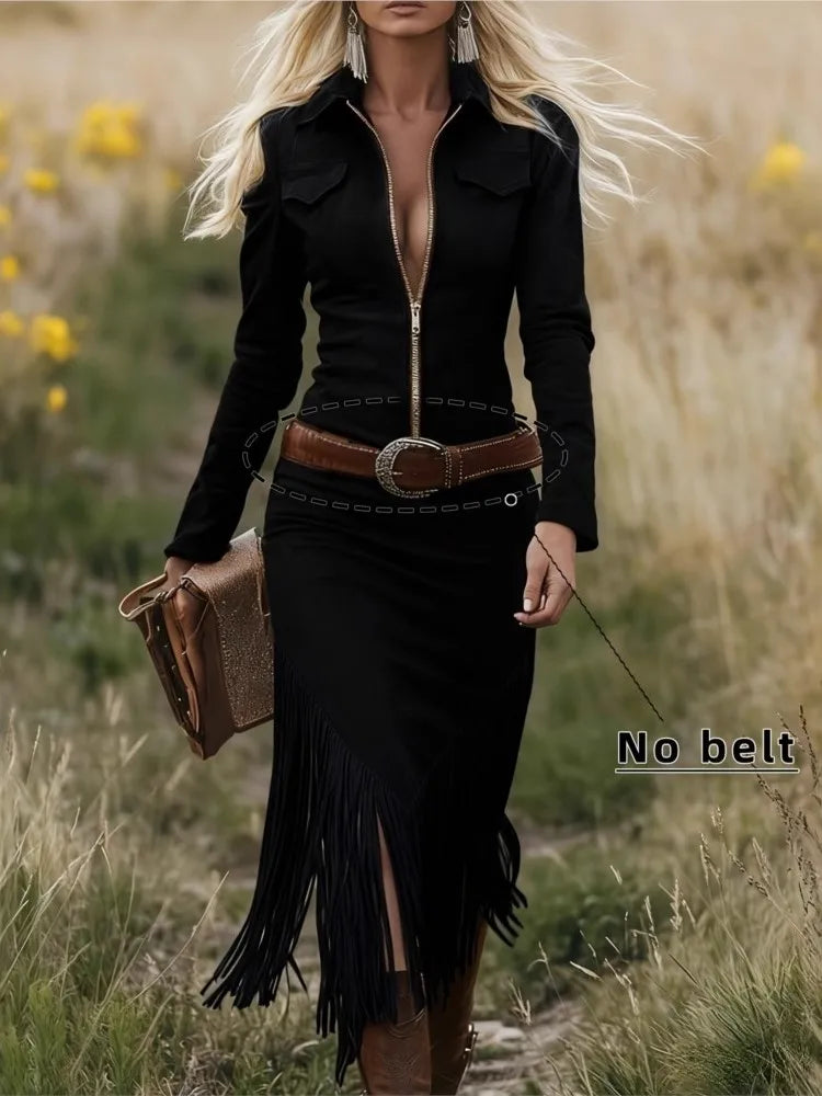 Vestido Largo Premium Efecto Ante con Flecos - Elegante Vestido Maxi de Manga Larga con Cremallera