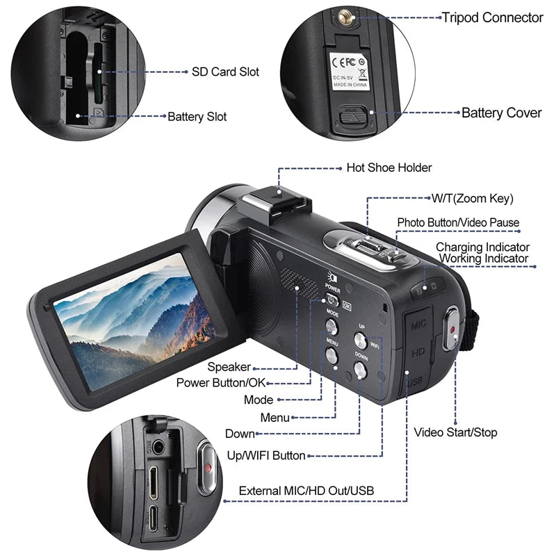 8K Videokamera 48MP mit 18x Zoom - HD Camcorder mit WIFI & 3" Touchscreen