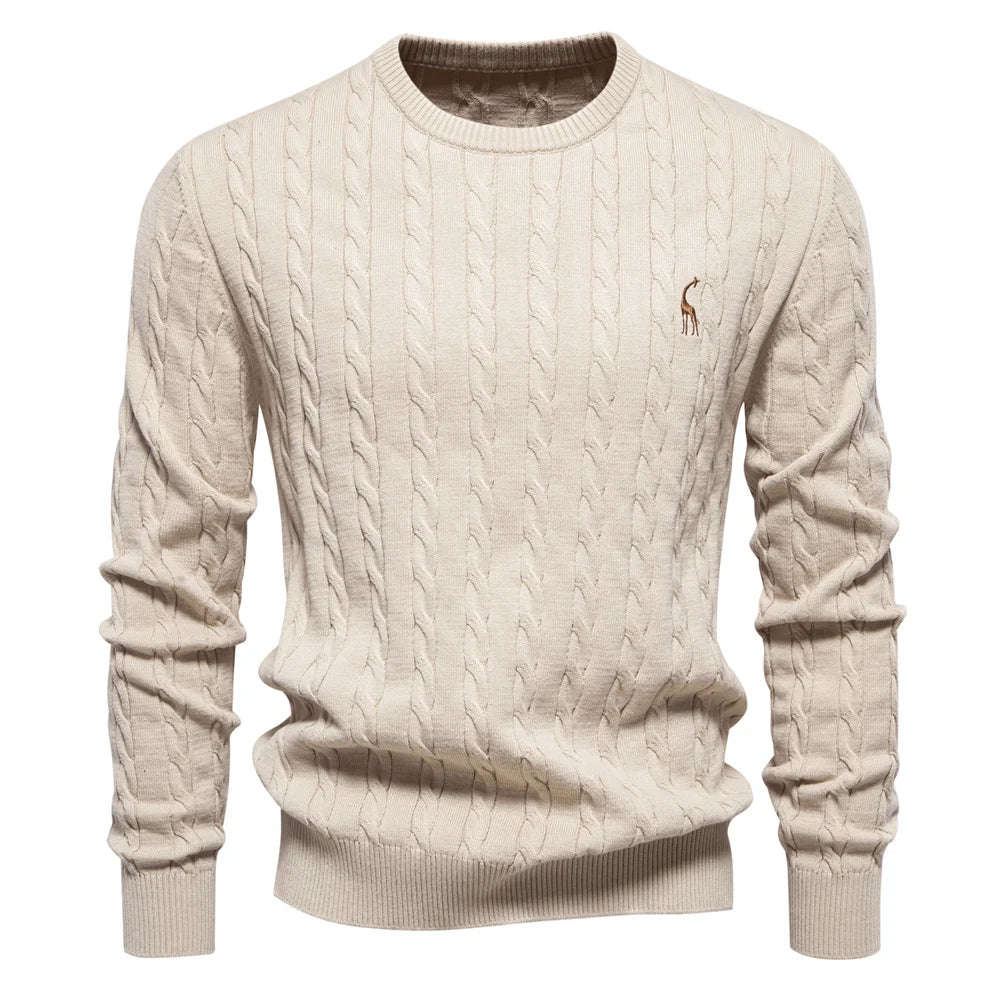 AIOPESON Jersey Premium Hombre - Pullover Algodón con Bordado Jirafa y Patrón Trenzado