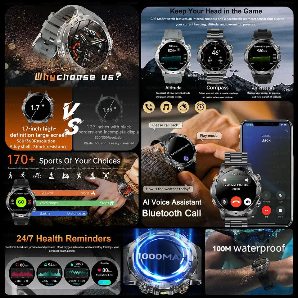 Reloj Smartwatch T-REX3 Deportivo GPS - Batería 1000mAh, 10ATM Impermeable, Linterna, Llamadas BT