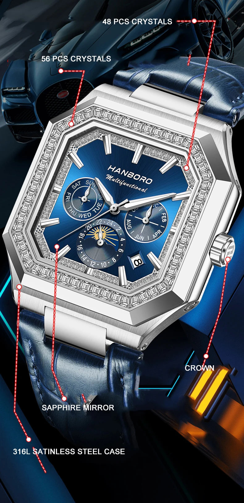 HANBORO Reloj Mecánico Automático Cuadrado Hombre 38mm - Zafiro 5ATM Shanghai