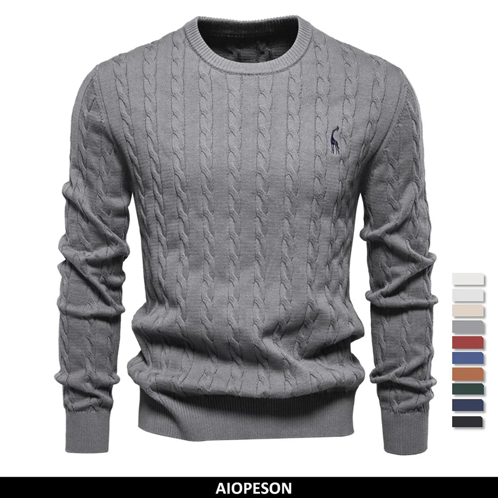 AIOPESON Jersey Premium Hombre - Pullover Algodón con Bordado Jirafa y Patrón Trenzado