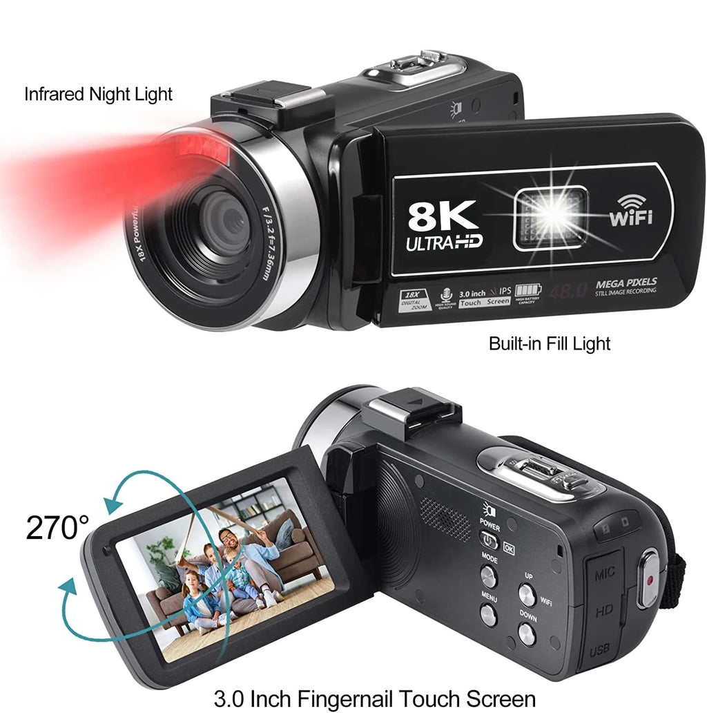8K Videokamera 48MP mit 18x Zoom - HD Camcorder mit WIFI & 3" Touchscreen