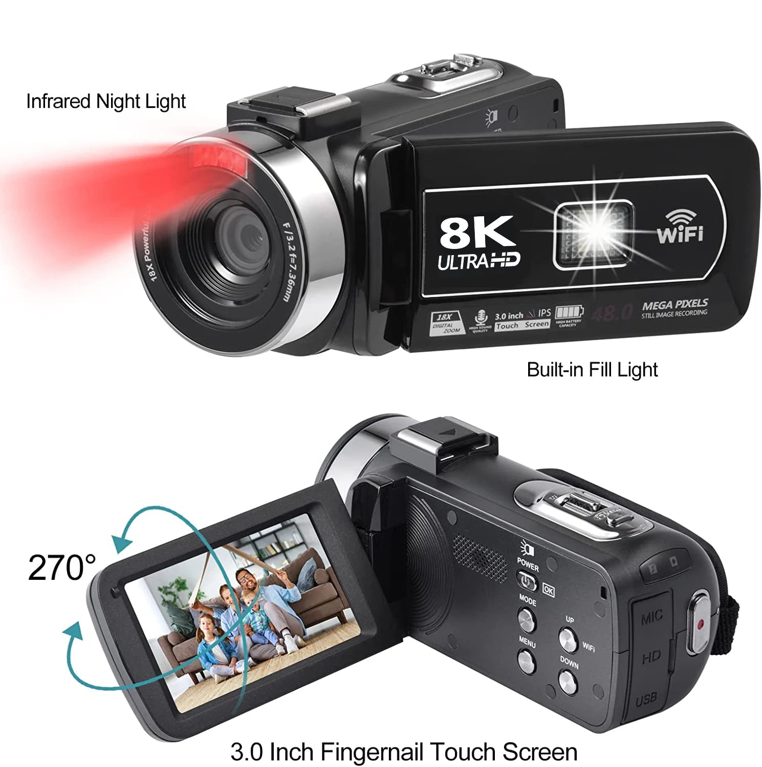 8K Videokamera 48MP mit 18x Zoom - HD Camcorder mit WIFI & 3" Touchscreen