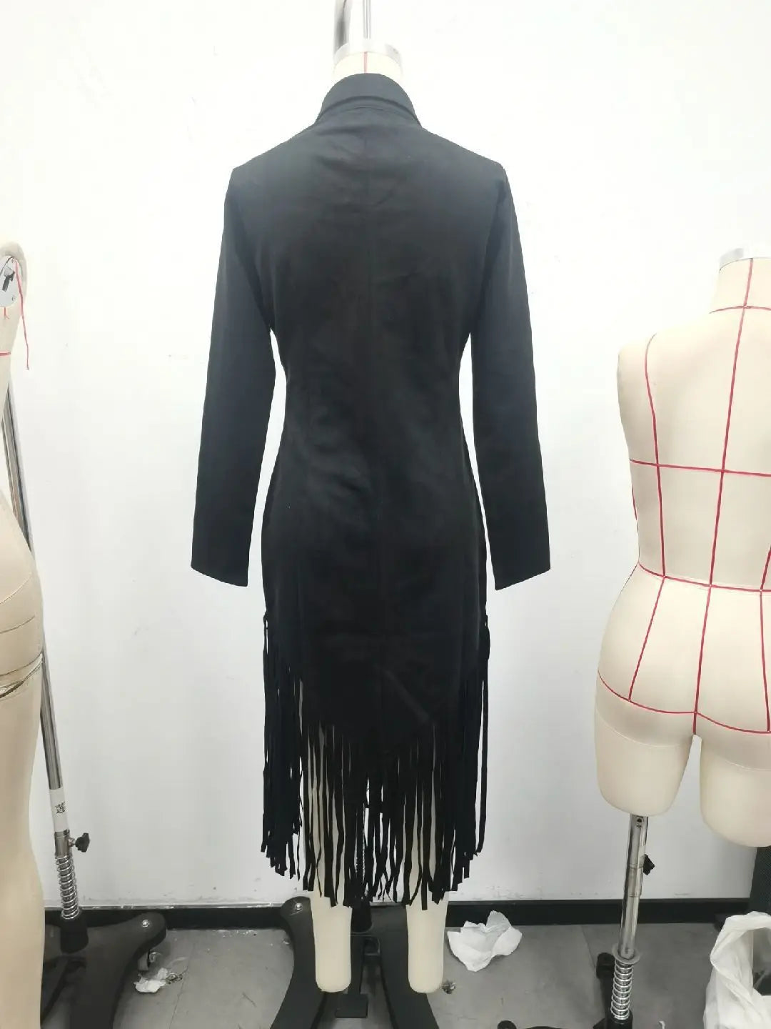 Vestido Largo Premium Efecto Ante con Flecos - Elegante Vestido Maxi de Manga Larga con Cremallera