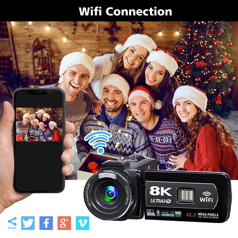8K Videokamera 48MP mit 18x Zoom - HD Camcorder mit WIFI & 3" Touchscreen