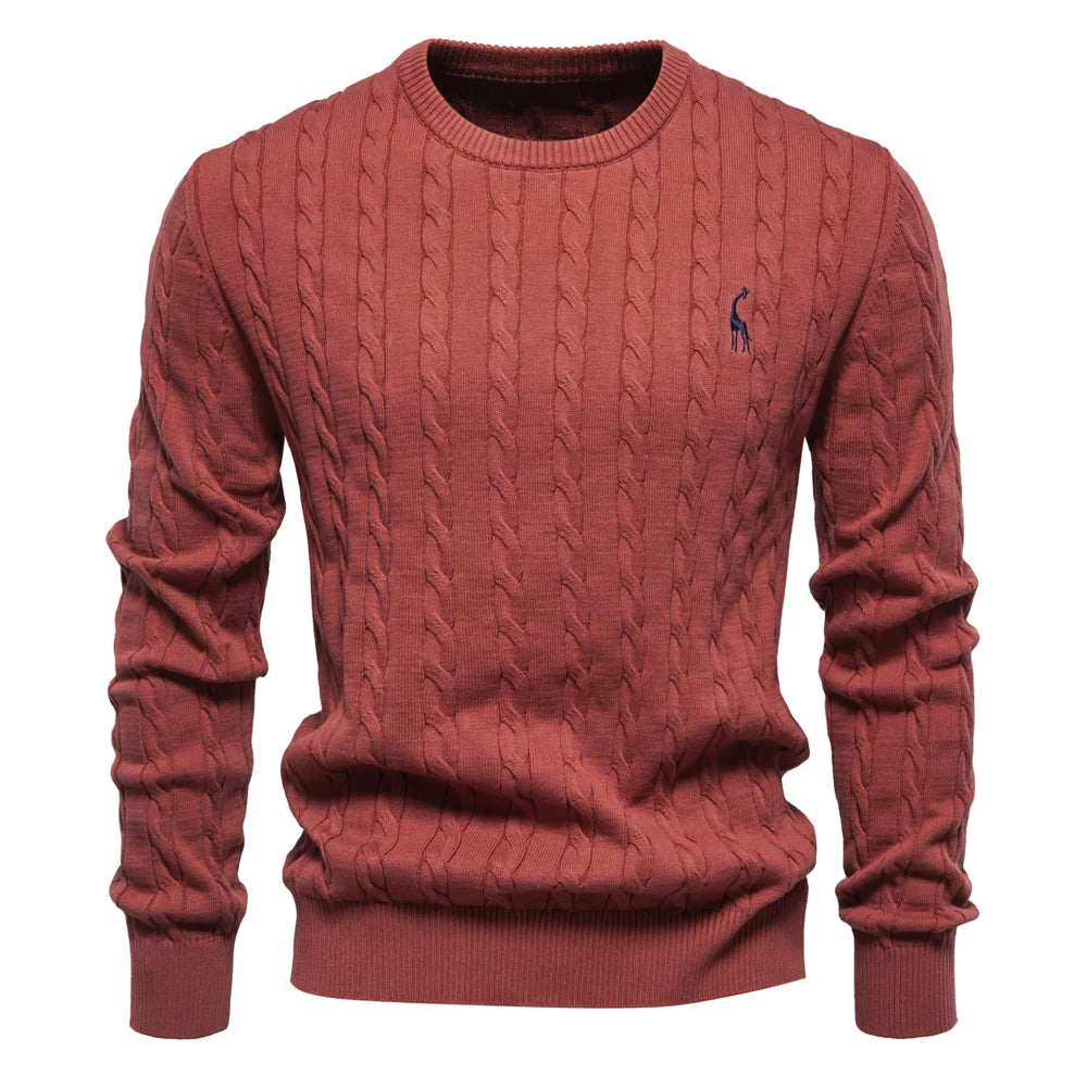 AIOPESON Jersey Premium Hombre - Pullover Algodón con Bordado Jirafa y Patrón Trenzado