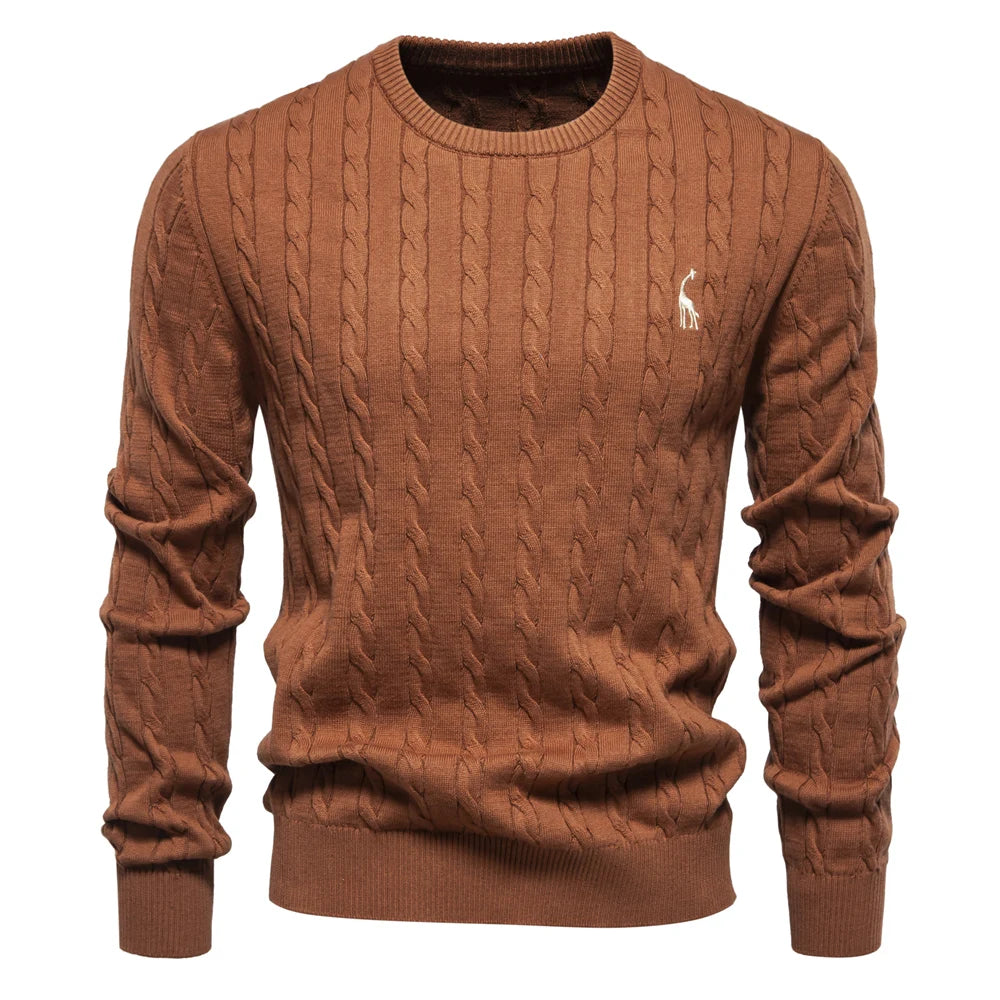 AIOPESON Jersey Premium Hombre - Pullover Algodón con Bordado Jirafa y Patrón Trenzado