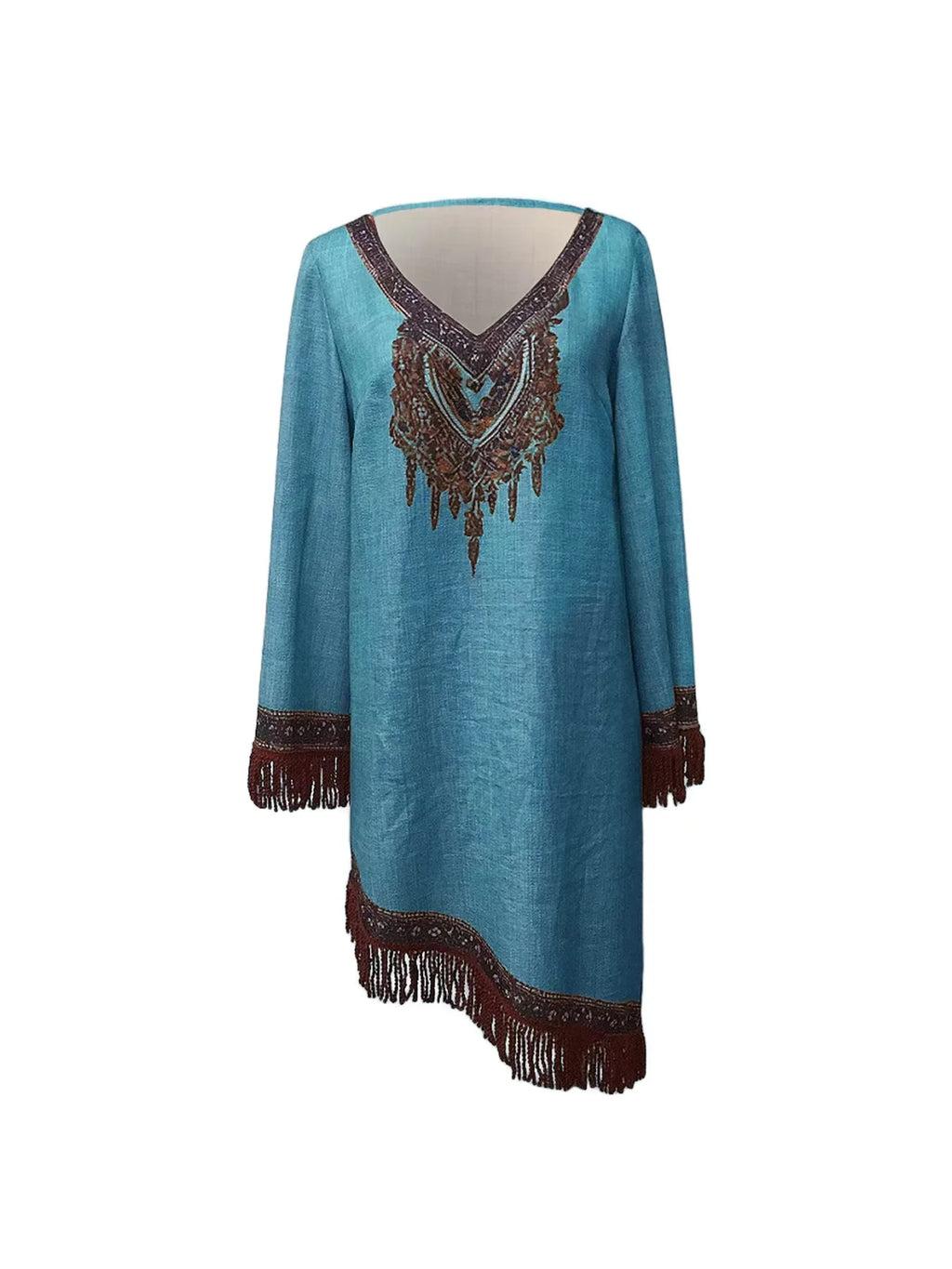 Vestido Bohemio Étnico con Flecos - Vestido Casual Manga Larga Estilo Hippie - Tallas S-XXXL