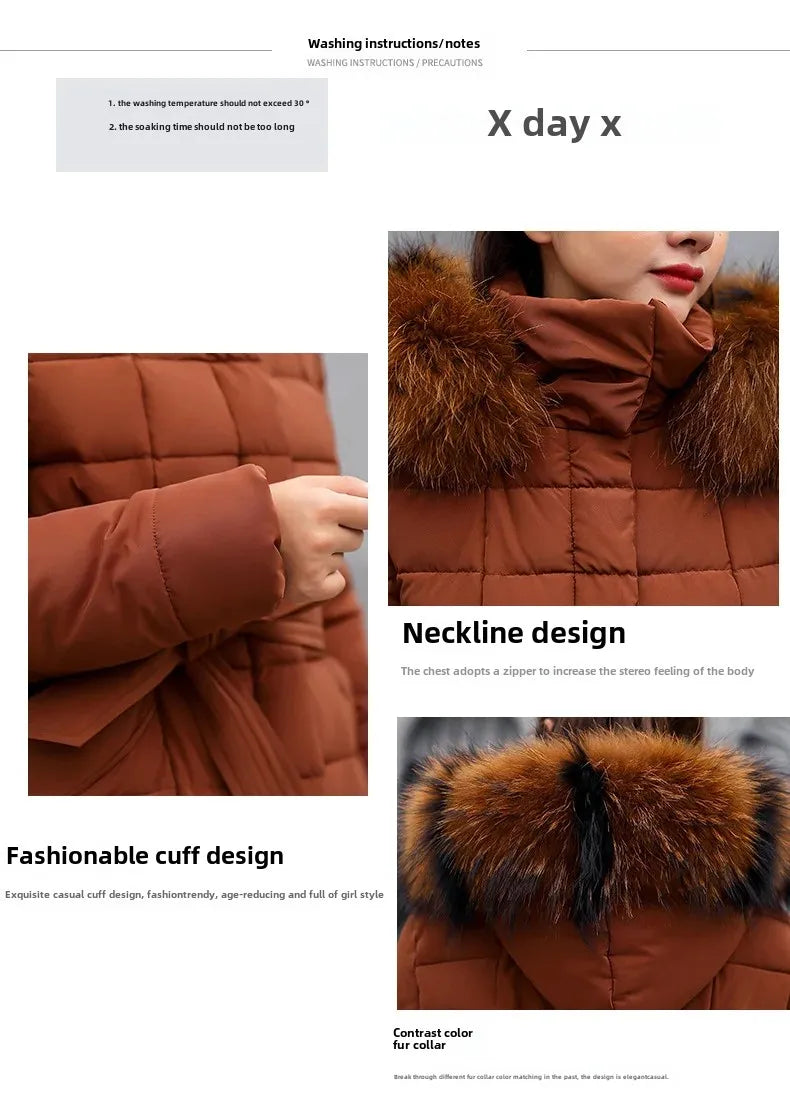 Chaqueta de Invierno Acolchada con Capucha y Cuello de Piel - Abrigo Largo para Mujer