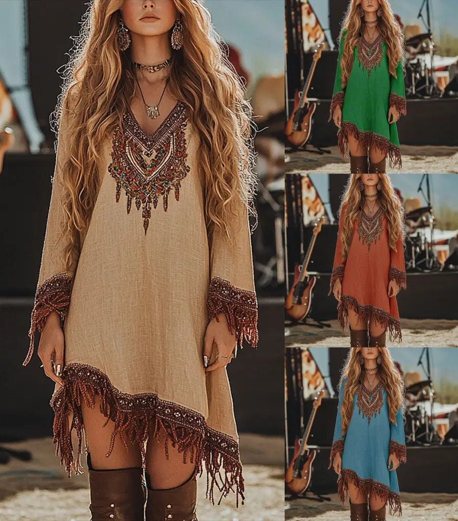 Vestido Bohemio Étnico con Flecos - Vestido Casual Manga Larga Estilo Hippie - Tallas S-XXXL