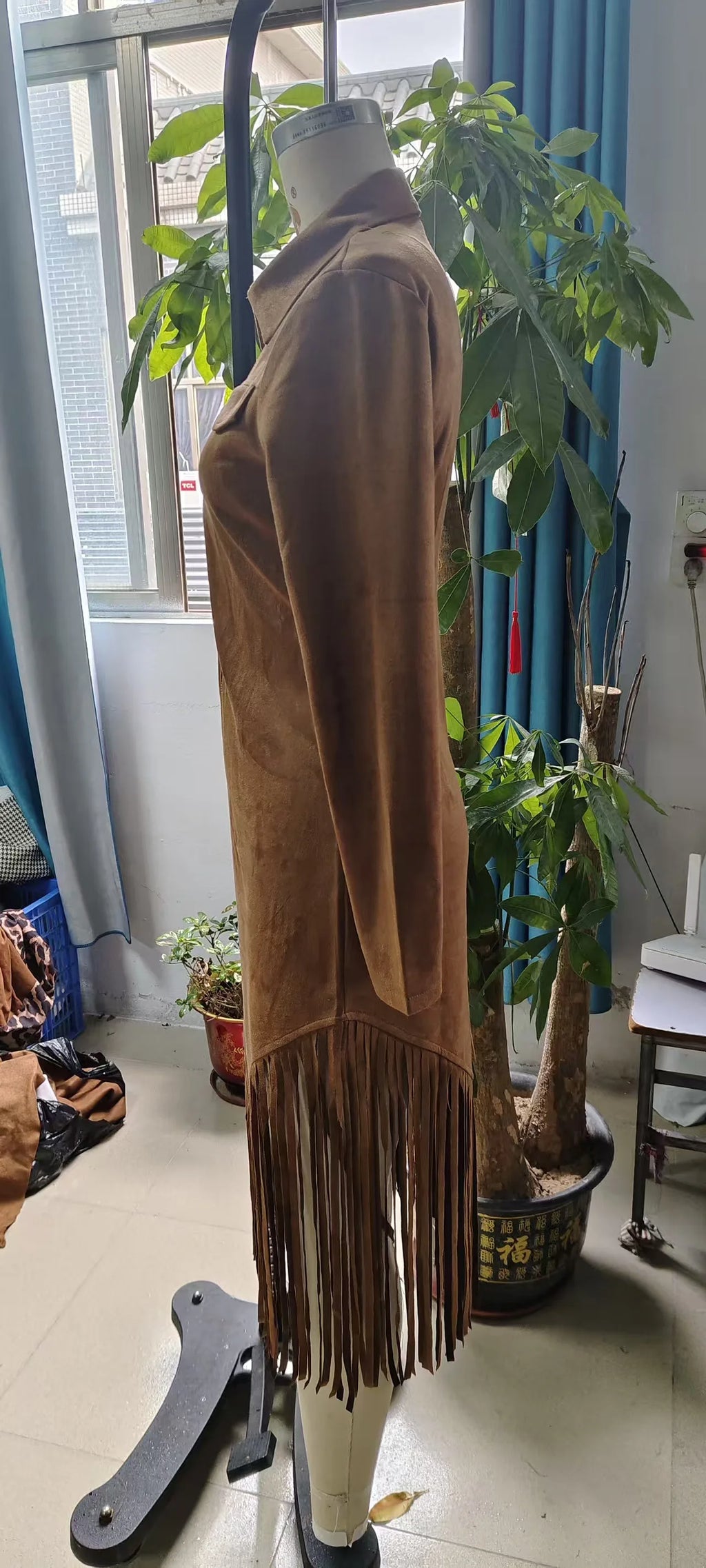 Vestido Largo Premium Efecto Ante con Flecos - Elegante Vestido Maxi de Manga Larga con Cremallera