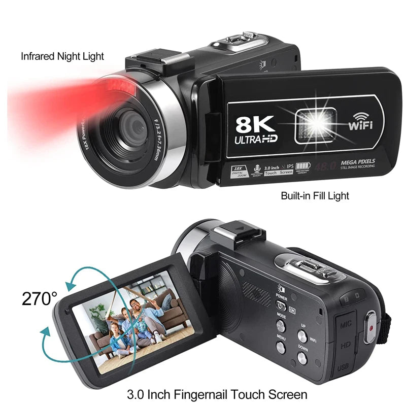 8K Videokamera 48MP mit 18x Zoom - HD Camcorder mit WIFI & 3" Touchscreen