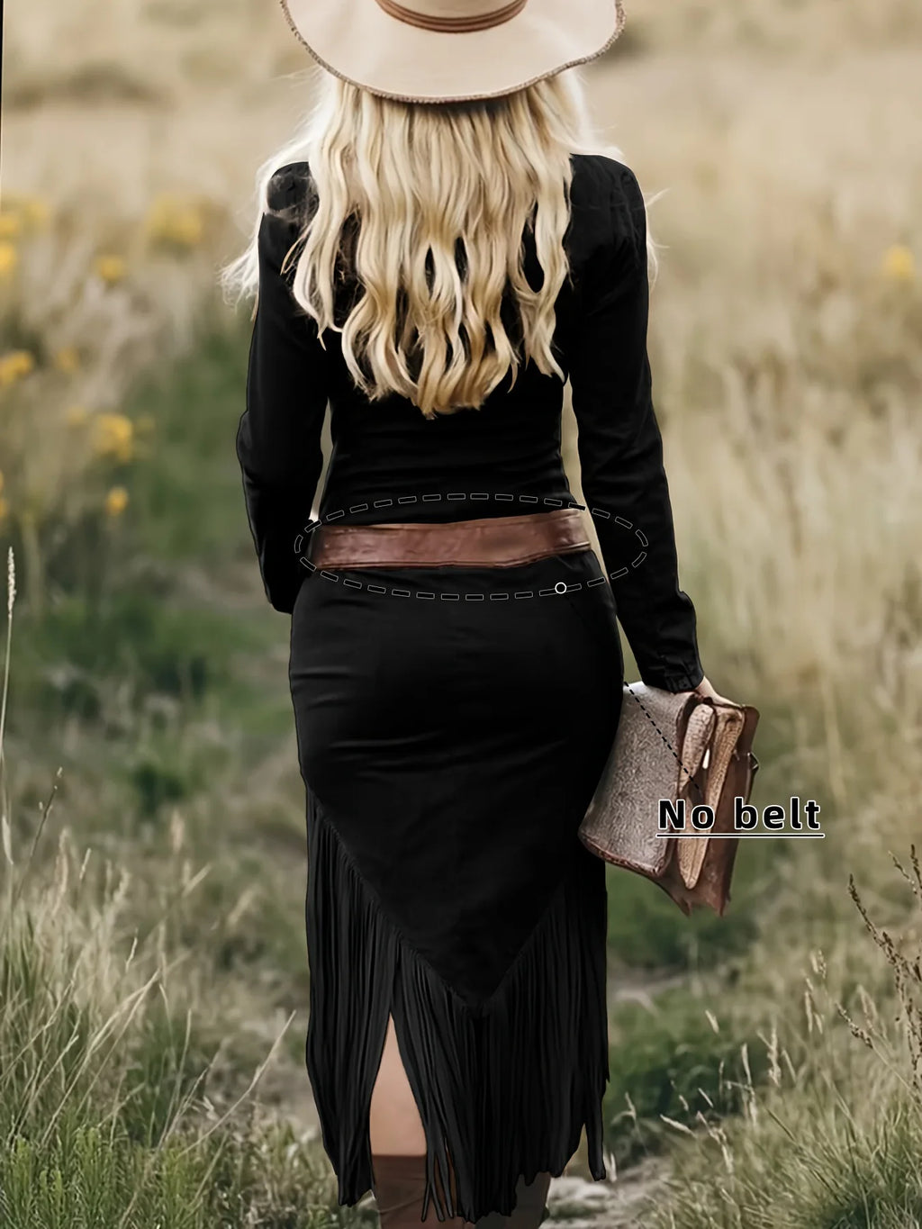 Vestido Largo Premium Efecto Ante con Flecos - Elegante Vestido Maxi de Manga Larga con Cremallera