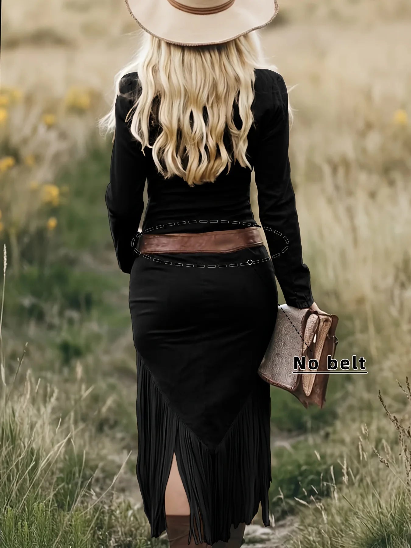 Vestido Largo Premium Efecto Ante con Flecos - Elegante Vestido Maxi de Manga Larga con Cremallera