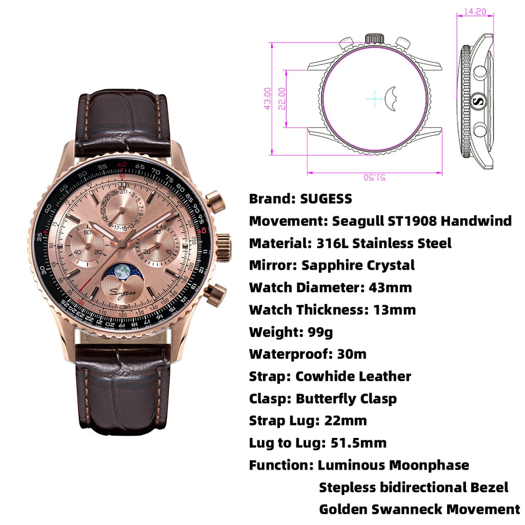 Reloj Sugess Cronógrafo Mecánico Moonphase Pilot - Movimiento ST1908 Tianjin