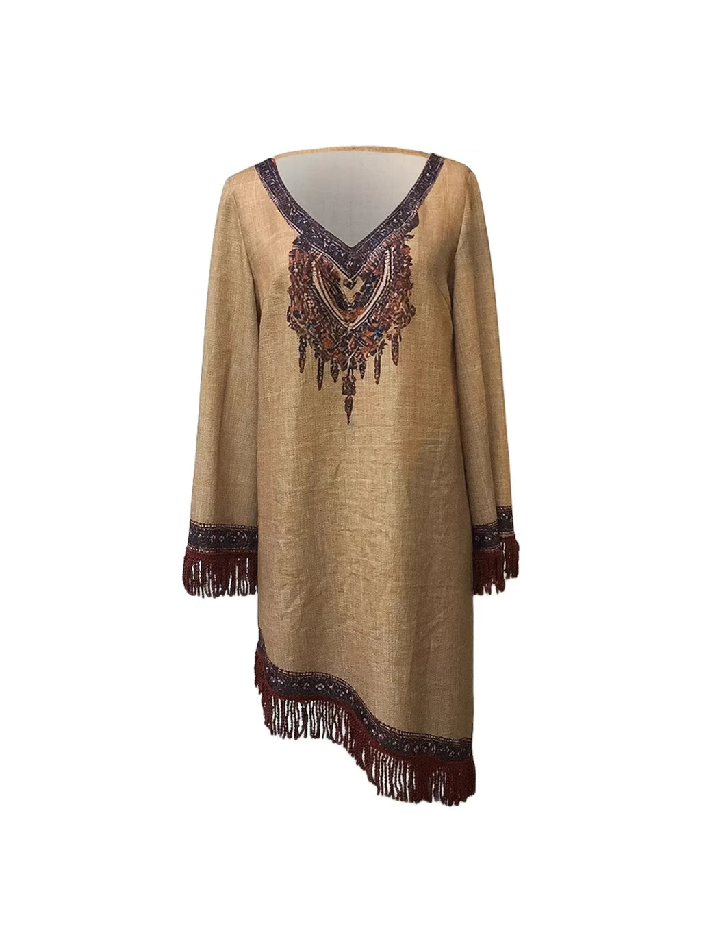 Vestido Bohemio Étnico con Flecos - Vestido Casual Manga Larga Estilo Hippie - Tallas S-XXXL