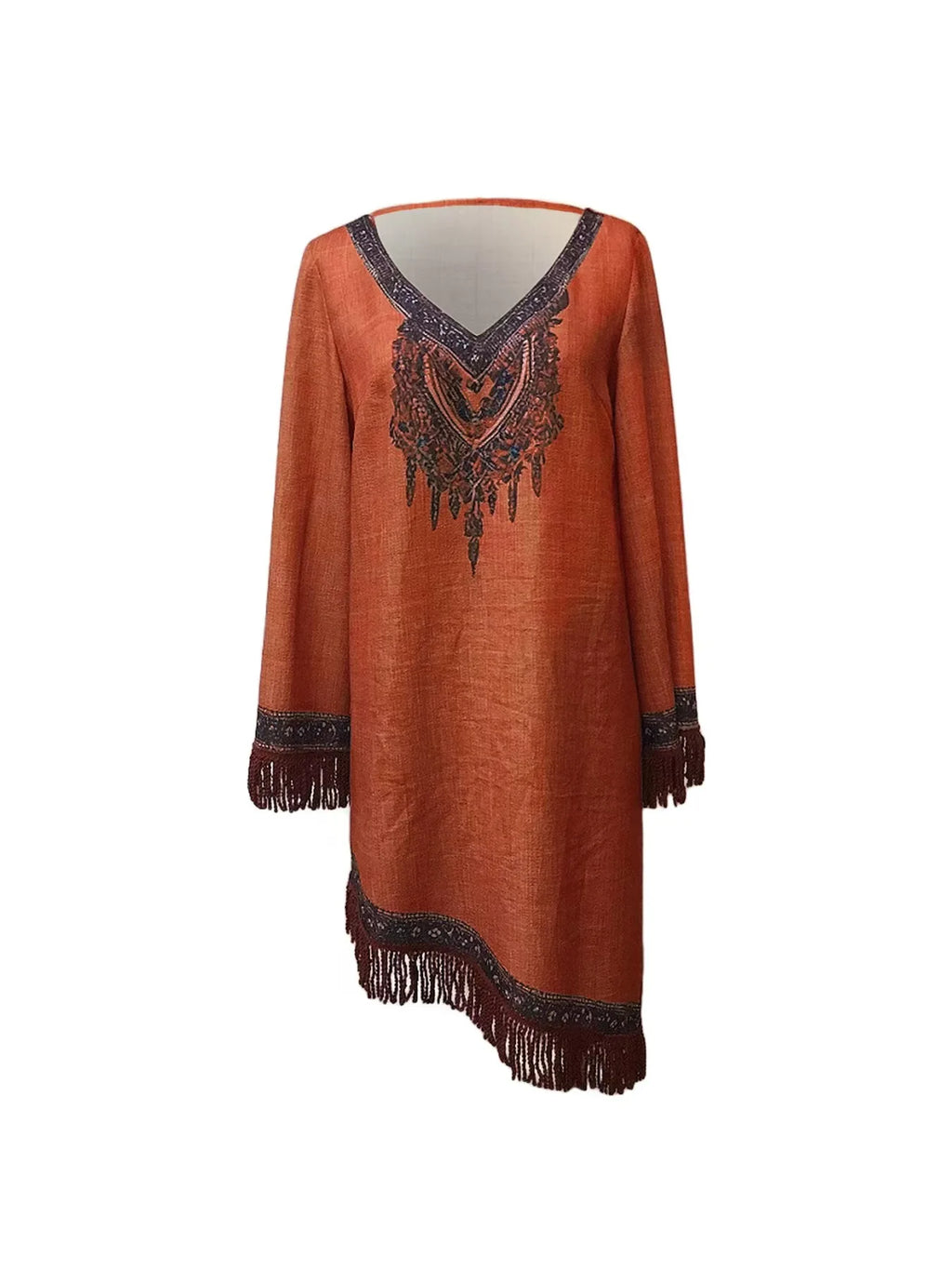 Vestido Bohemio Étnico con Flecos - Vestido Casual Manga Larga Estilo Hippie - Tallas S-XXXL