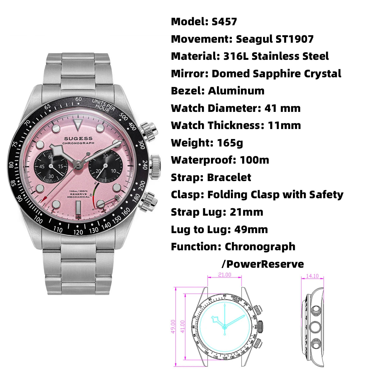 Reloj Cronógrafo Sugess ST1907 Swanneck Pilot - Movimiento Mecánico Original con Cristal de Zafiro