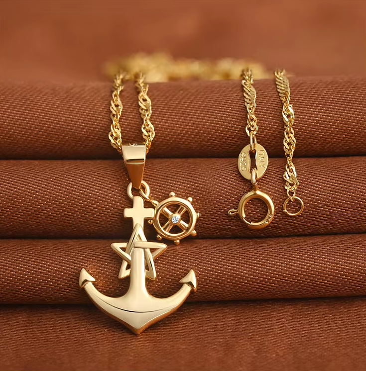 Collar Ancla Plata 925 - Colgante Náutico con Timón y Estrellas - Captains of the World