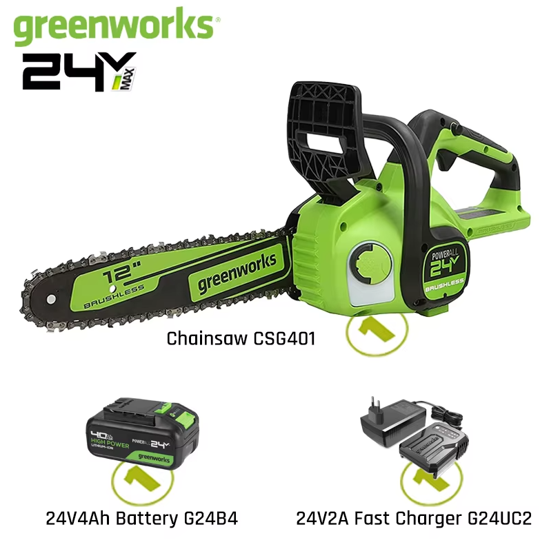 Motosierra Eléctrica Greenworks 24V 12" Sin Cable - Batería Incluida | Ideal Jardín y Poda
