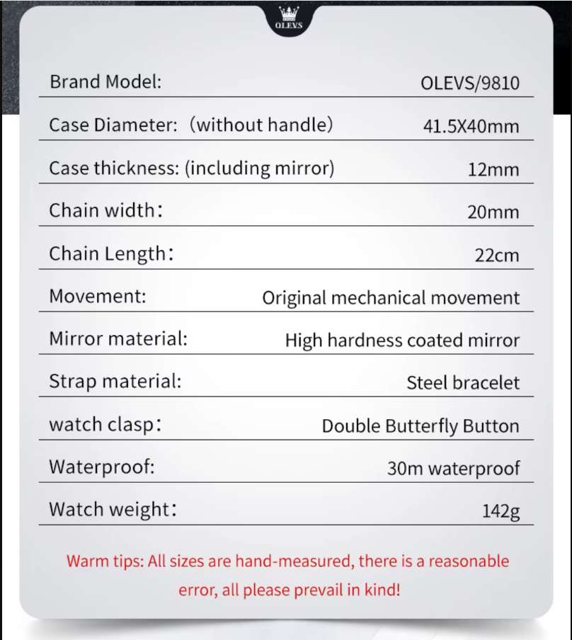 OLEVS 9810 Reloj Mecánico Premium Hombre/Mujer - Acero Inoxidable - Diseño Cuadrado Retro