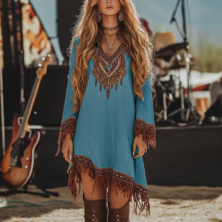 Vestido Bohemio Étnico con Flecos - Vestido Casual Manga Larga Estilo Hippie - Tallas S-XXXL