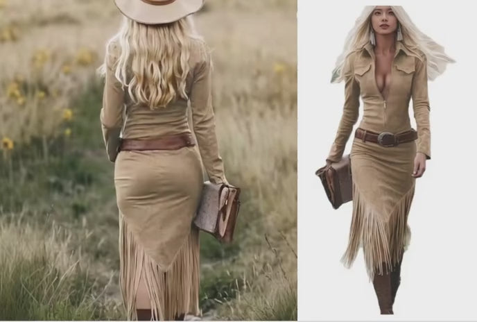 Vestido Largo Premium Efecto Ante con Flecos - Elegante Vestido Maxi de Manga Larga con Cremallera