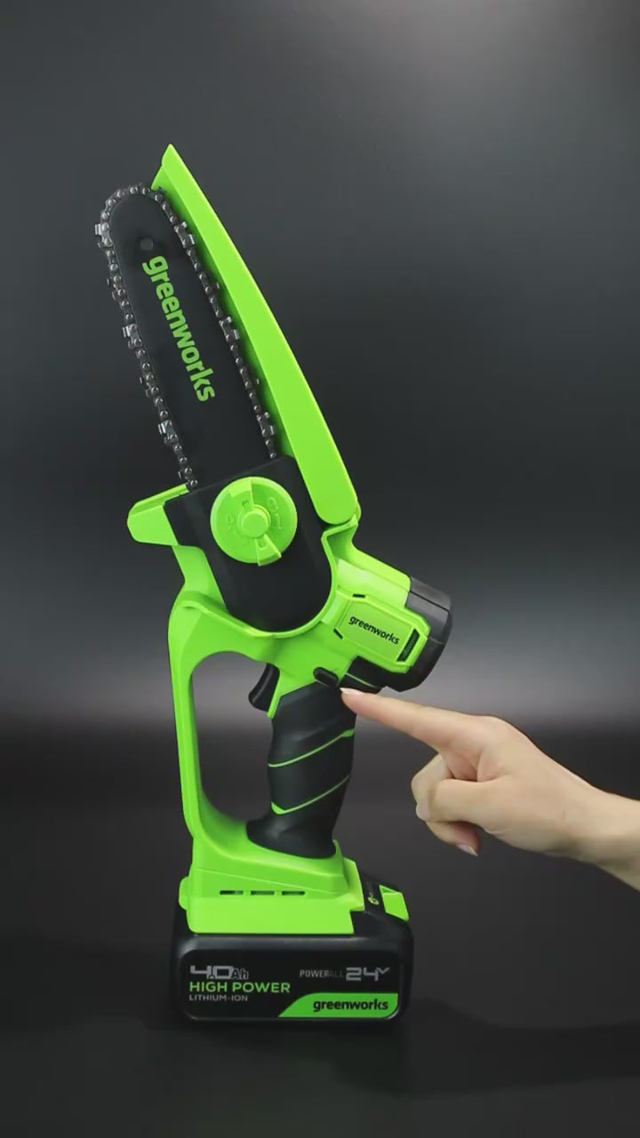 Greenworks Mini Kettensäge 24V 6 Zoll Akku | Brushless Motor | 4Ah Akku + Ladegerät | Kompakte Elektro Kettensäge für Garten