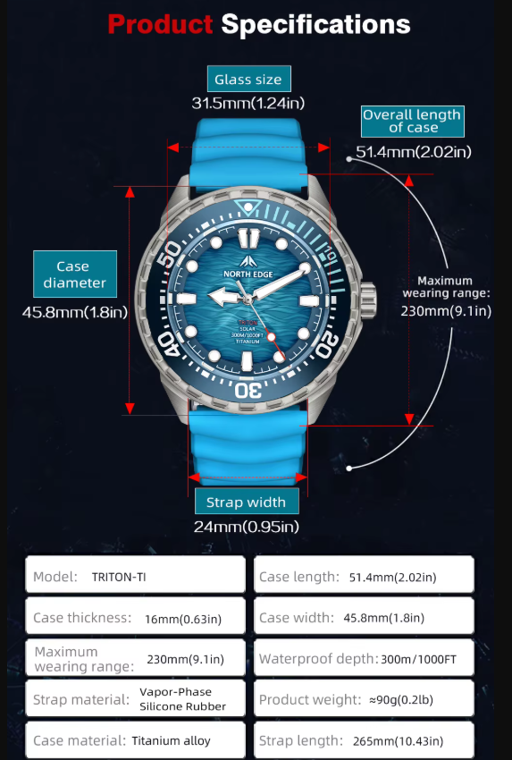 NORTH EDGE TRITON TI - Reloj Deportivo Solar de Titanio 300M Resistente al Agua